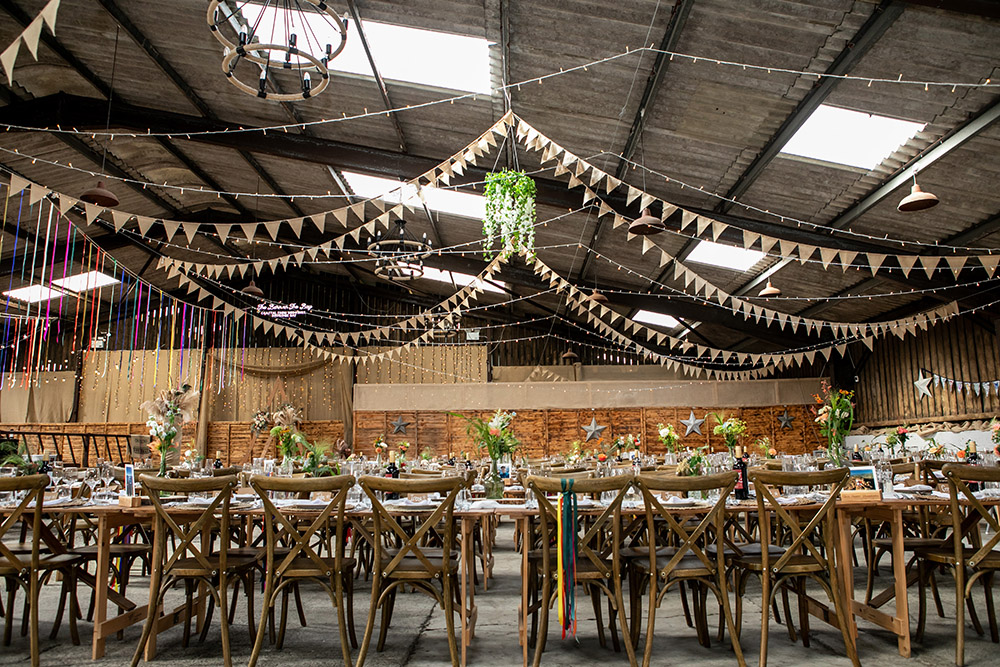 Barn Decor Bunting Rainbow Ribbons Northumberland Barn Wedding Erika Tanith Photography