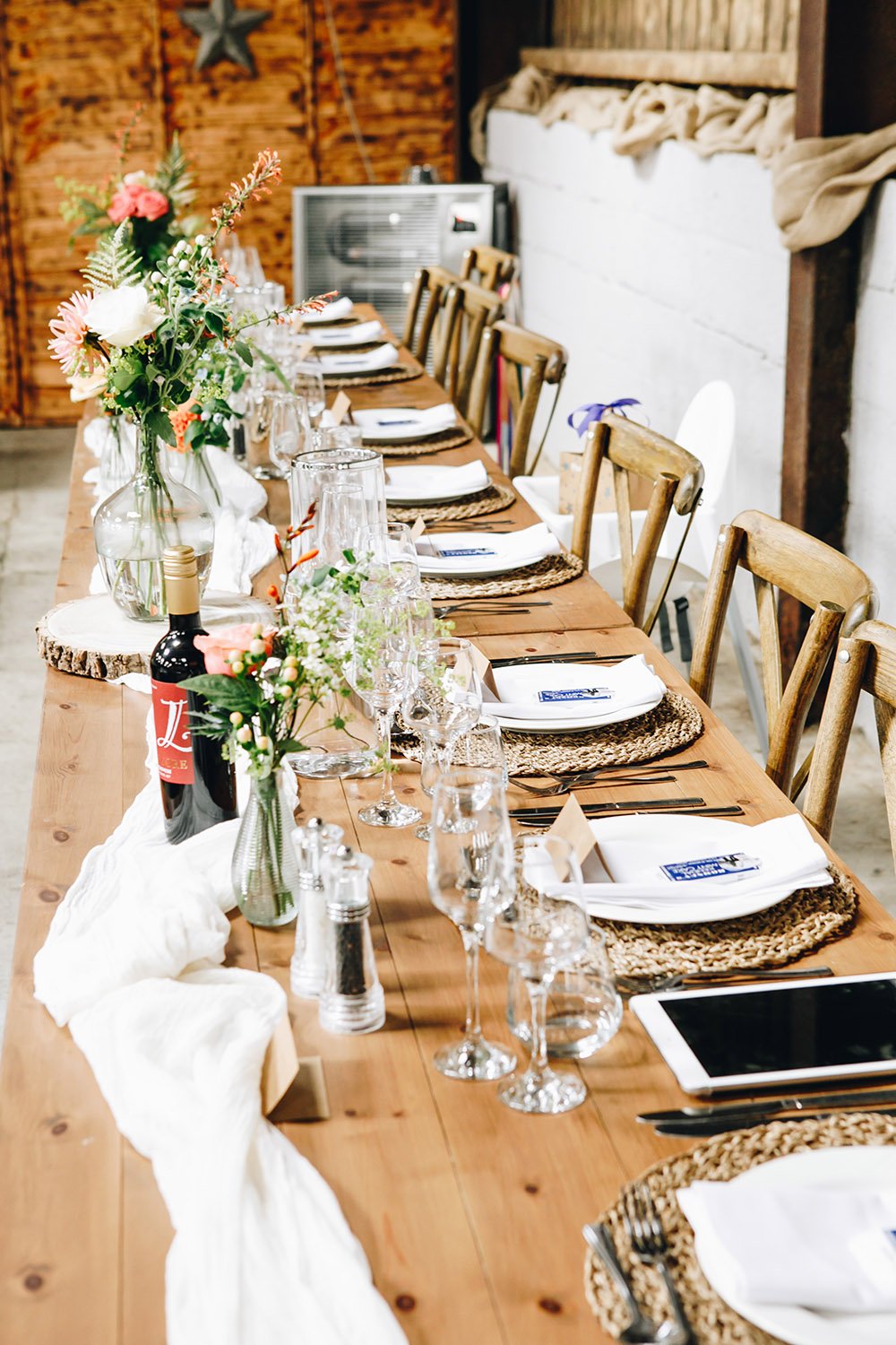 Long Wooden Table Decor Bottle Flowers Northumberland Barn Wedding Erika Tanith Photography