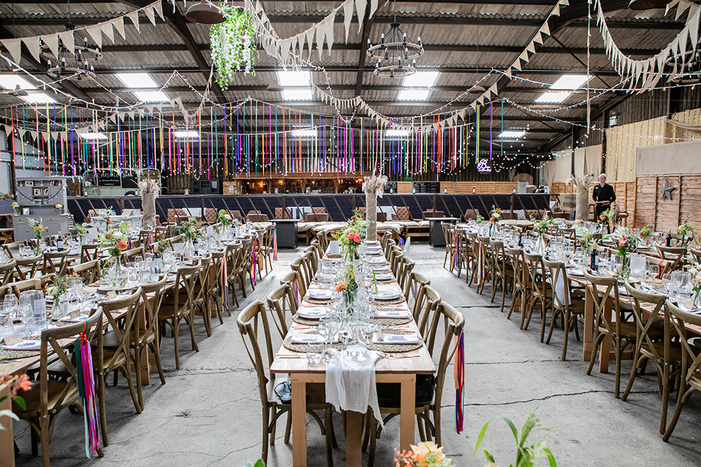 Barn Decor Bunting Rainbow Ribbons Northumberland Barn Wedding Erika Tanith Photography
