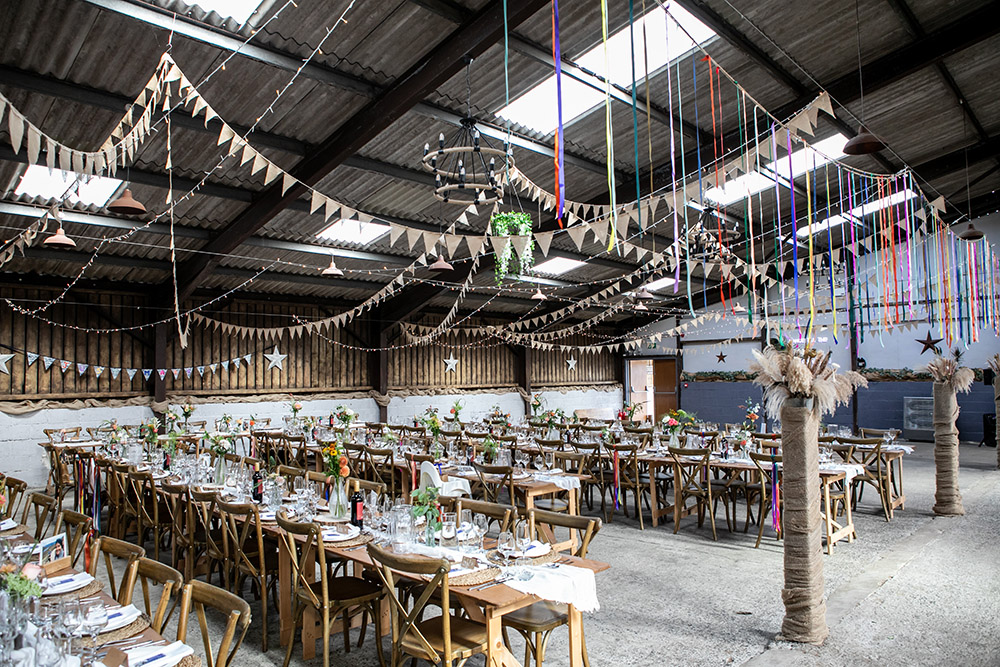 Barn Decor Bunting Rainbow Ribbons Northumberland Barn Wedding Erika Tanith Photography
