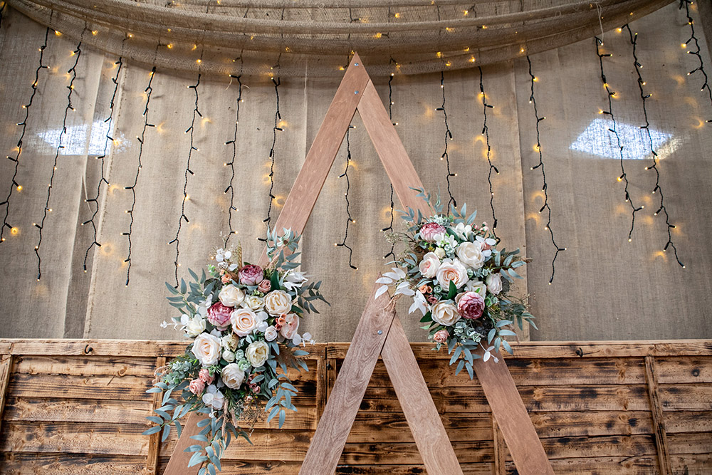 Triangle Wood Backdrop Flowers Decor Northumberland Barn Wedding Erika Tanith Photography