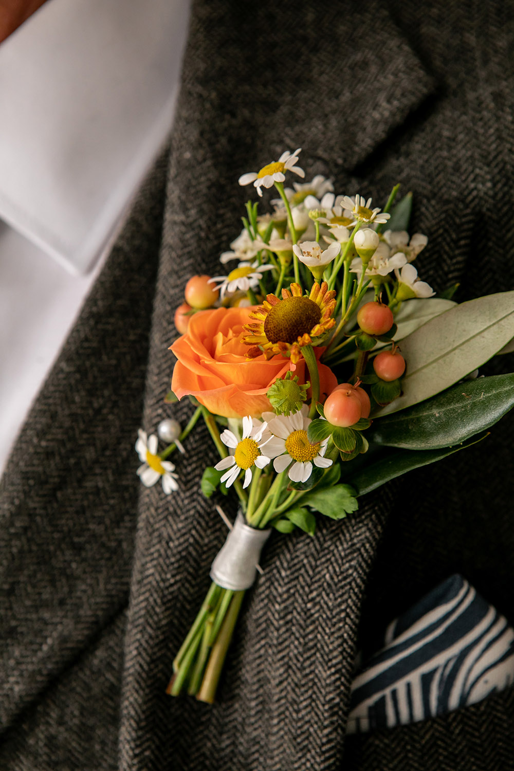 Groom Buttonhole Flowers Orange Rose Berry Northumberland Barn Wedding Erika Tanith Photography