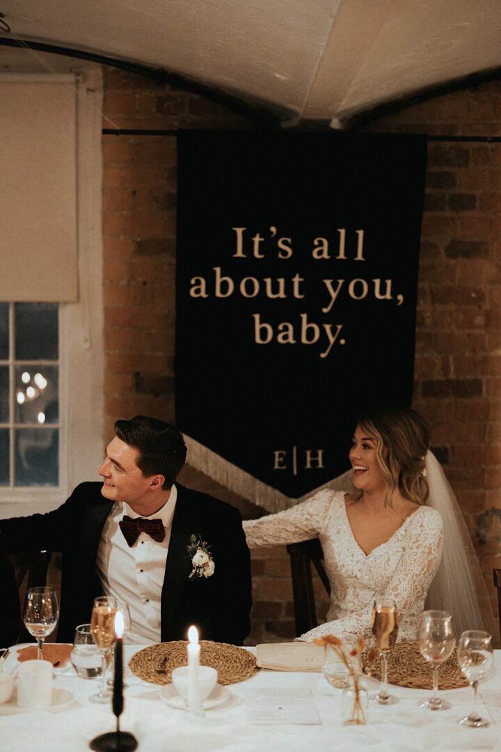 Top Table Wedding Decor Velvet Banner Matt Horan Photography
