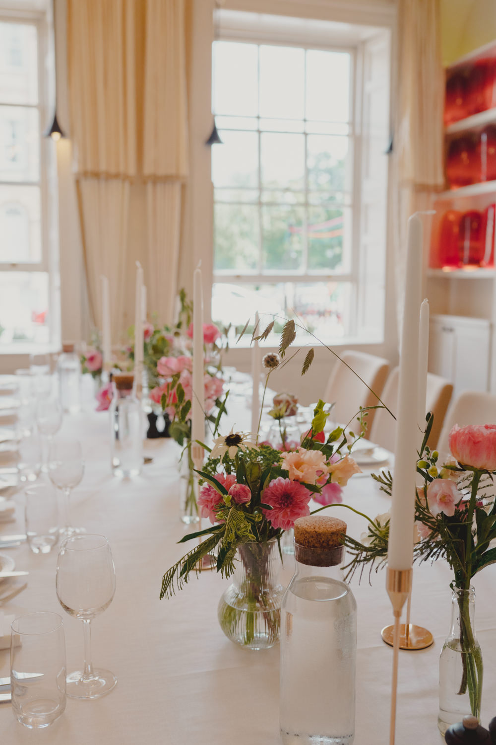 Table Decor Pink Peony Flowers Bottles Gold Candlesticks Bath City Wedding Bo Leray Photography