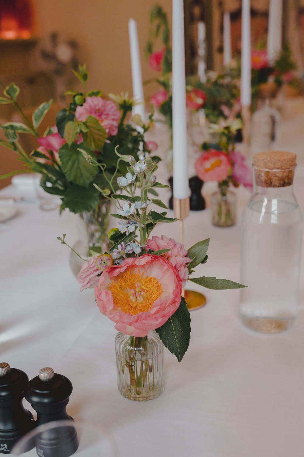 Table Decor Pink Peony Flowers Bottles Gold Candlesticks Bath City Wedding Bo Leray Photography