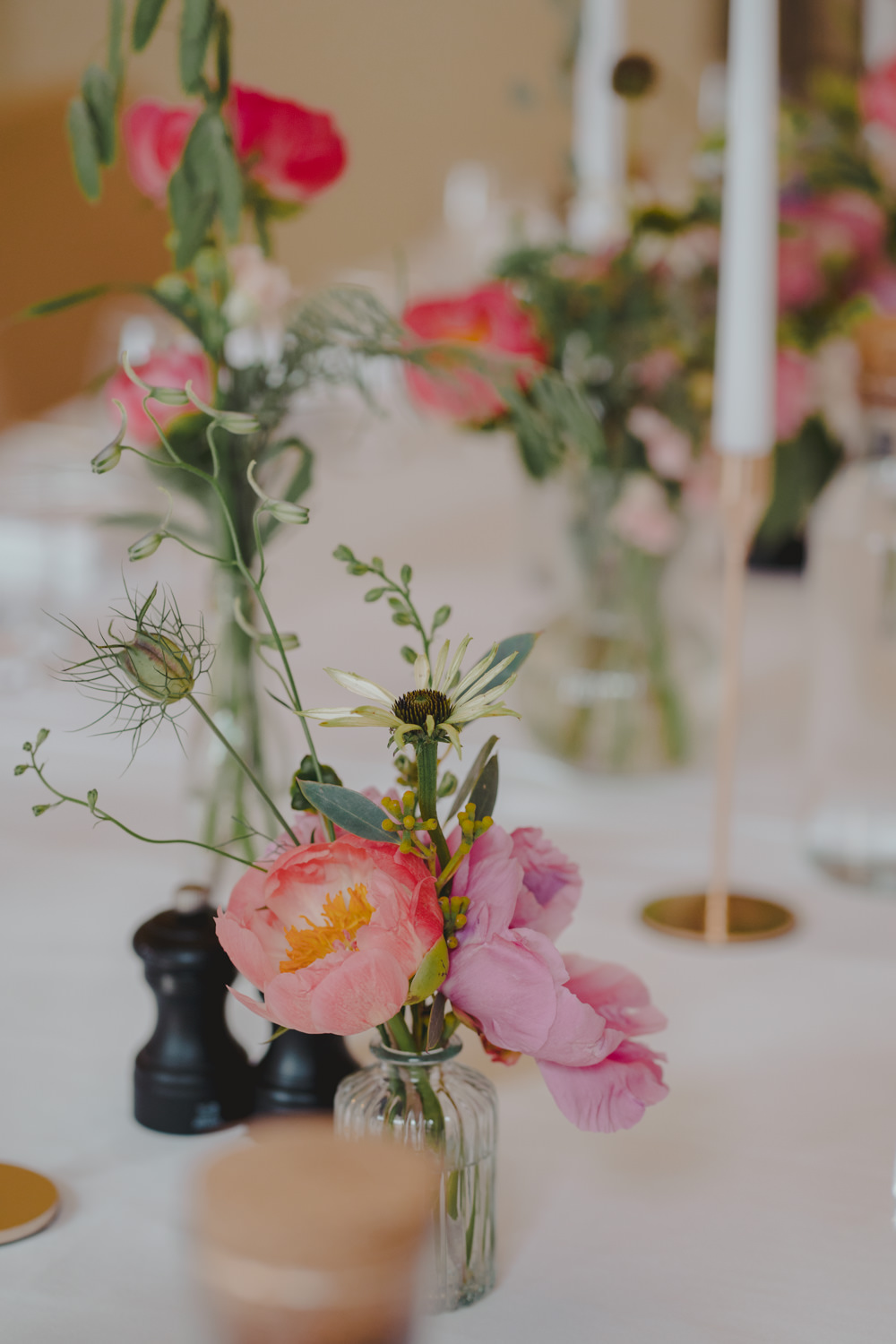 Table Decor Pink Peony Flowers Bottles Gold Candlesticks Bath City Wedding Bo Leray Photography