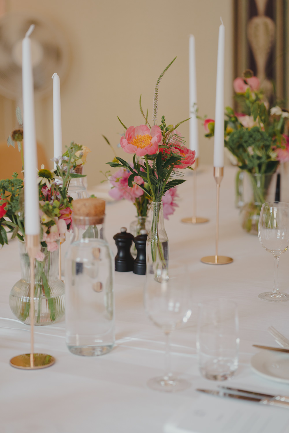 Table Decor Pink Peony Flowers Bottles Gold Candlesticks Bath City Wedding Bo Leray Photography