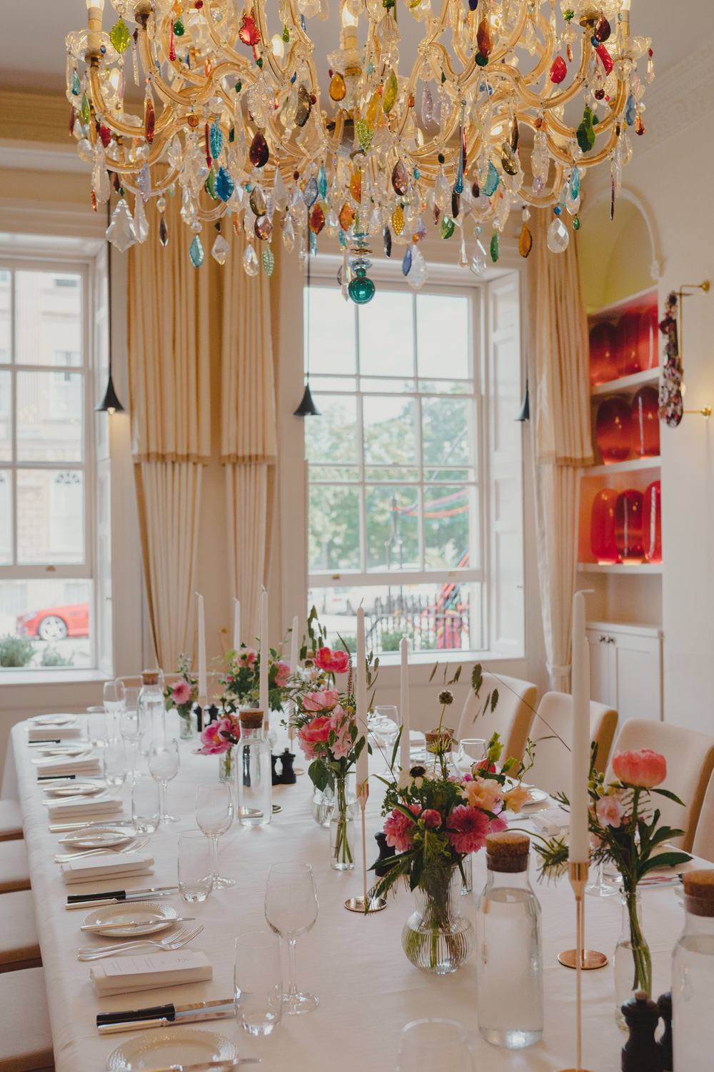 Table Decor Pink Peony Flowers Bottles Gold Candlesticks Chandelier Bath City Wedding Bo Leray Photography