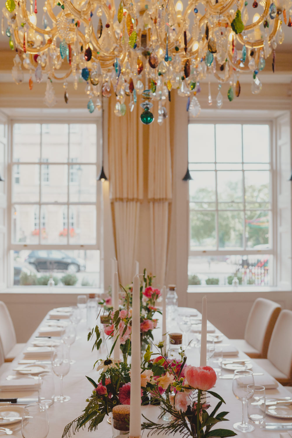 Table Decor Pink Peony Flowers Bottles Gold Candlesticks Chandelier Bath City Wedding Bo Leray Photography