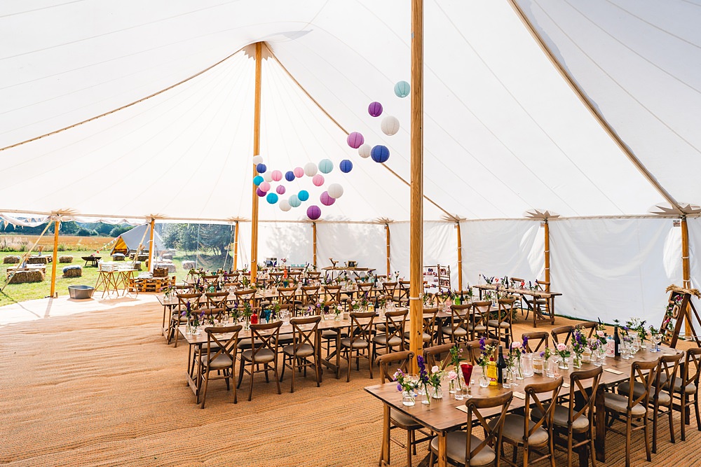 Marquee Reception Purple Blue Pink Lanterns Decor Farmyard Wedding Daniel Lightening Photography
