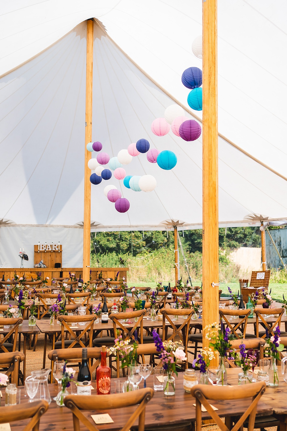 Marquee Reception Purple Blue Pink Lanterns Decor Farmyard Wedding Daniel Lightening Photography