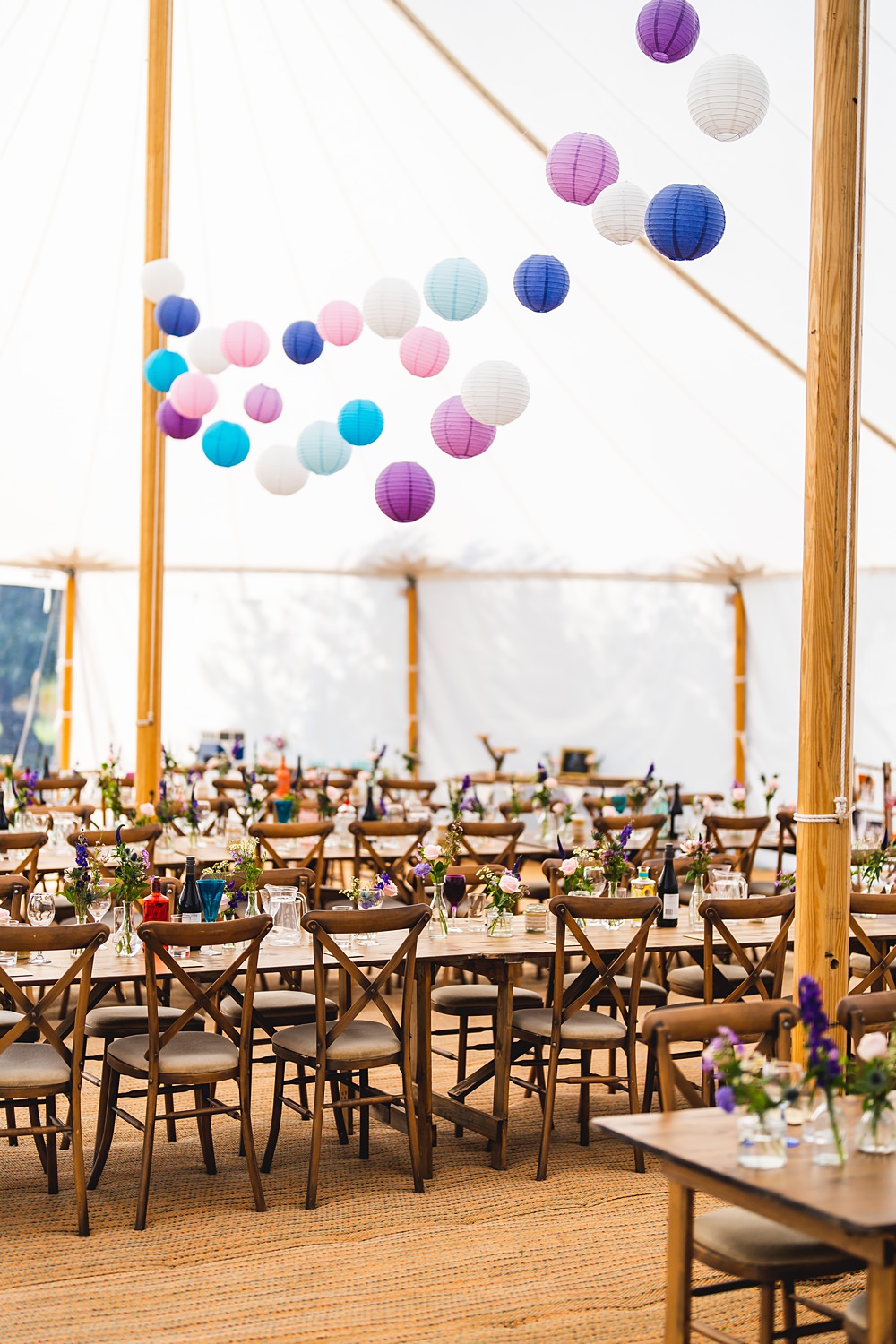 Marquee Reception Purple Blue Pink Lanterns Decor Farmyard Wedding Daniel Lightening Photography