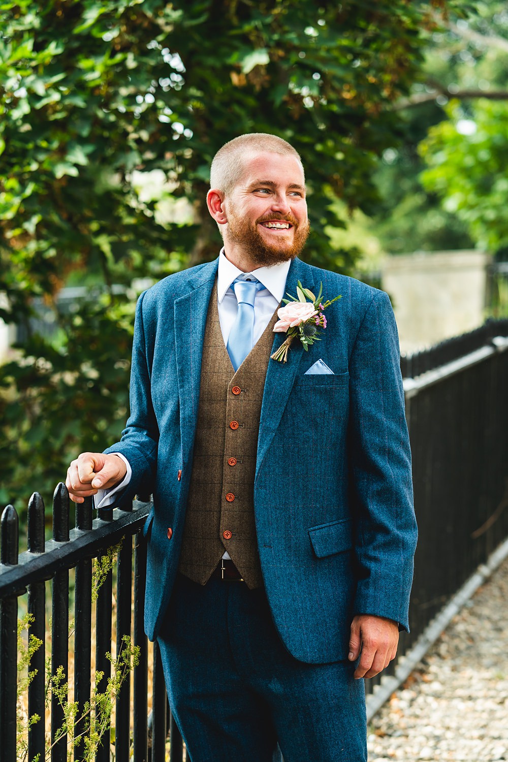 Blue Suit Groom Tie Brown Tweed Waistcoat Farmyard Wedding Daniel Lightening Photography