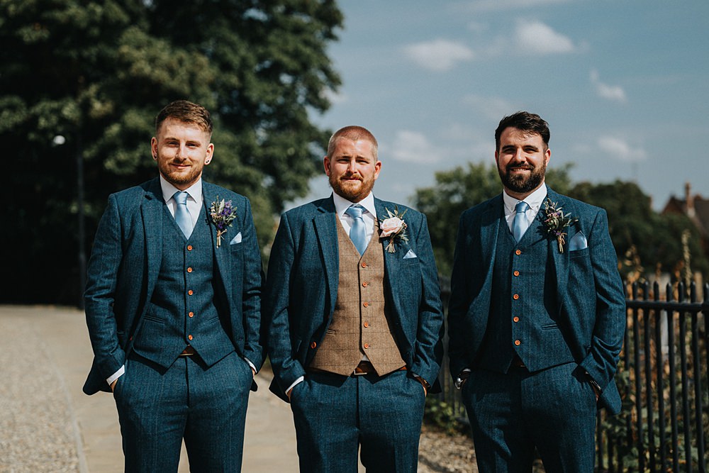 Blue Suit Groom Tie Brown Tweed Waistcoat Groomsmen Farmyard Wedding Daniel Lightening Photography