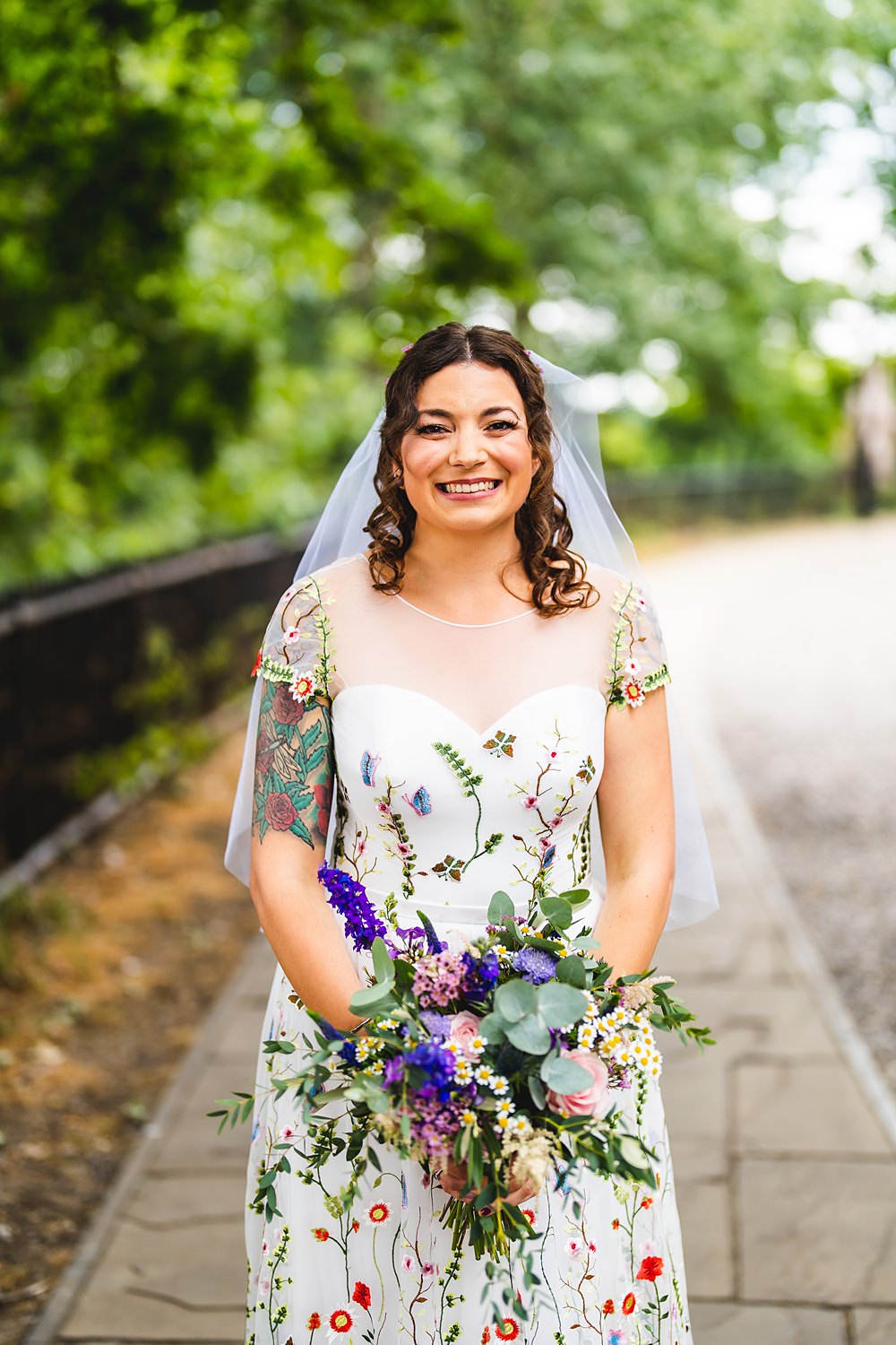 Floral Embroidered Dress Gown Colourful Bride Bridal Farmyard Wedding Daniel Lightening Photography