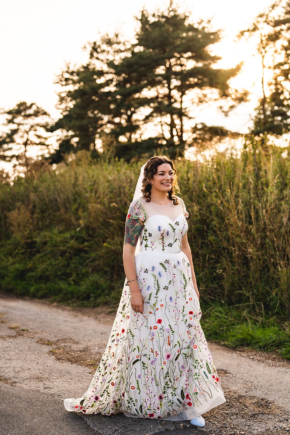Floral Embroidered Dress Gown Colourful Bride Bridal Farmyard Wedding Daniel Lightening Photography