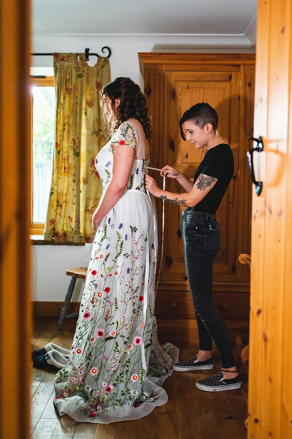 Floral Embroidered Dress Gown Colourful Bride Bridal Farmyard Wedding Daniel Lightening Photography