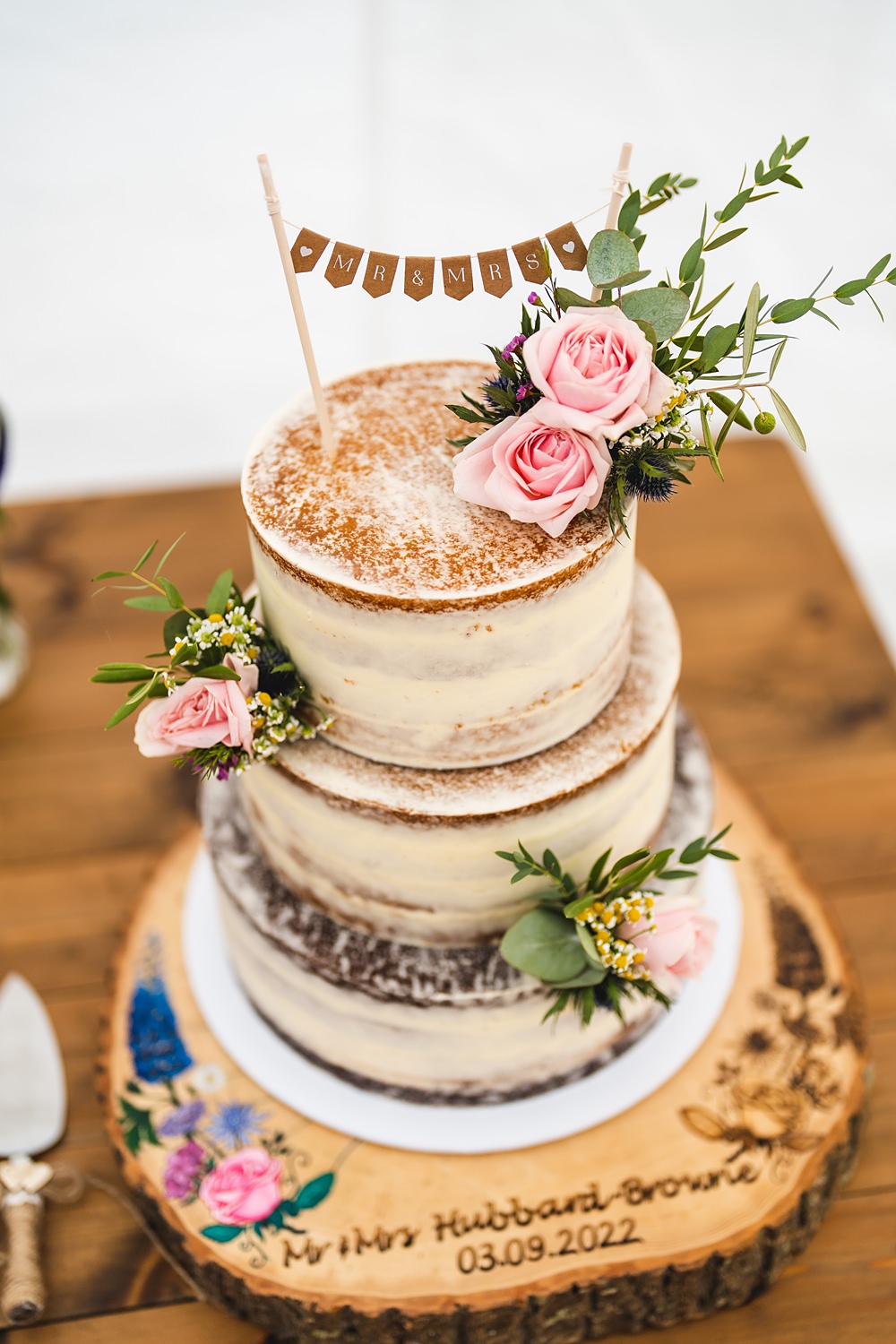 Semi Naked Cake Flowers Log Slice Topper Farmyard Wedding Daniel Lightening Photography