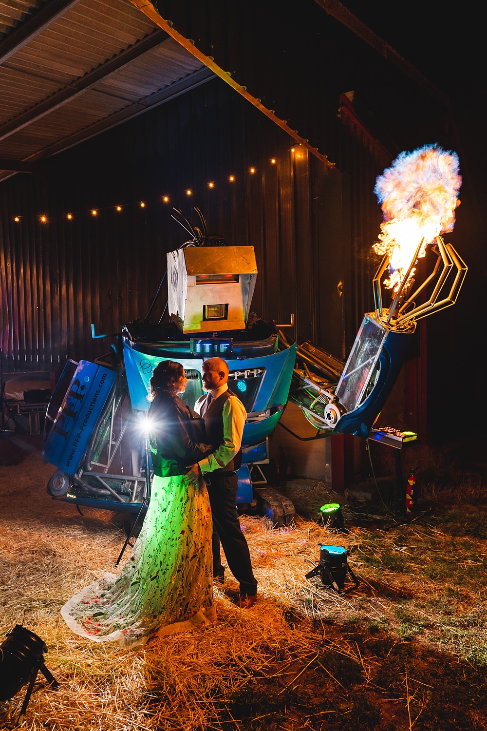 Robot Fire Entertainment Farmyard Wedding Daniel Lightening Photography