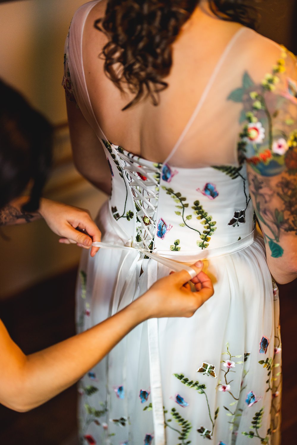 Floral Embroidered Dress Gown Colourful Bride Bridal Farmyard Wedding Daniel Lightening Photography
