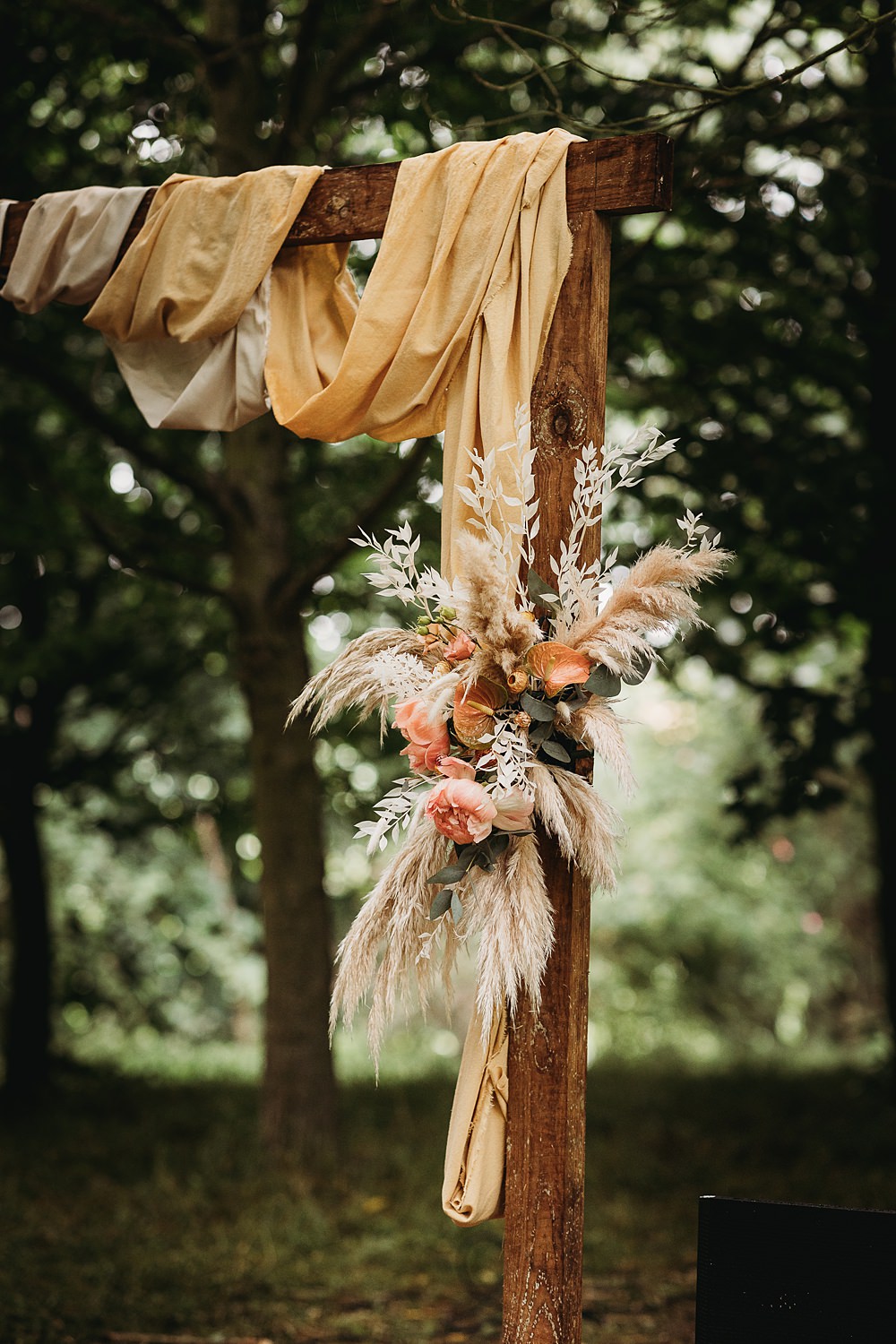 Ceremony Arch Backdrop Fabric Flowers Pampas Grass Funfair Festival Wedding Thyme Lane Photography