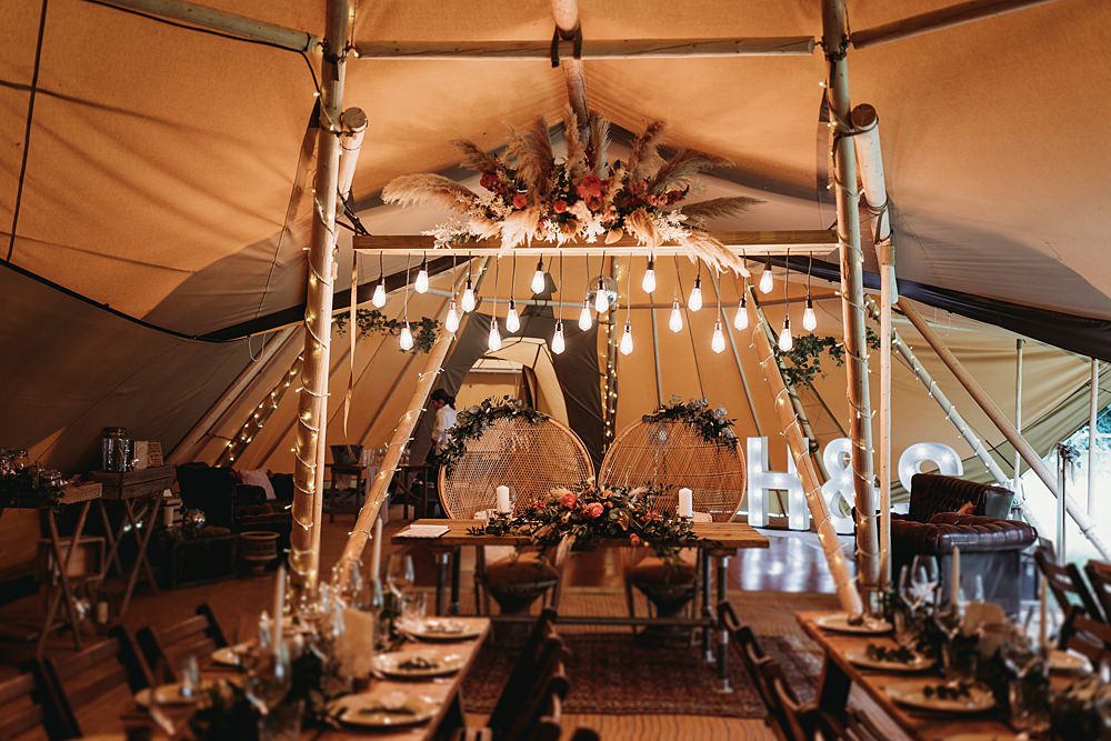 Tipi Reception Pampas Grass Cloud Festoon Lights Funfair Festival Wedding Thyme Lane Photography