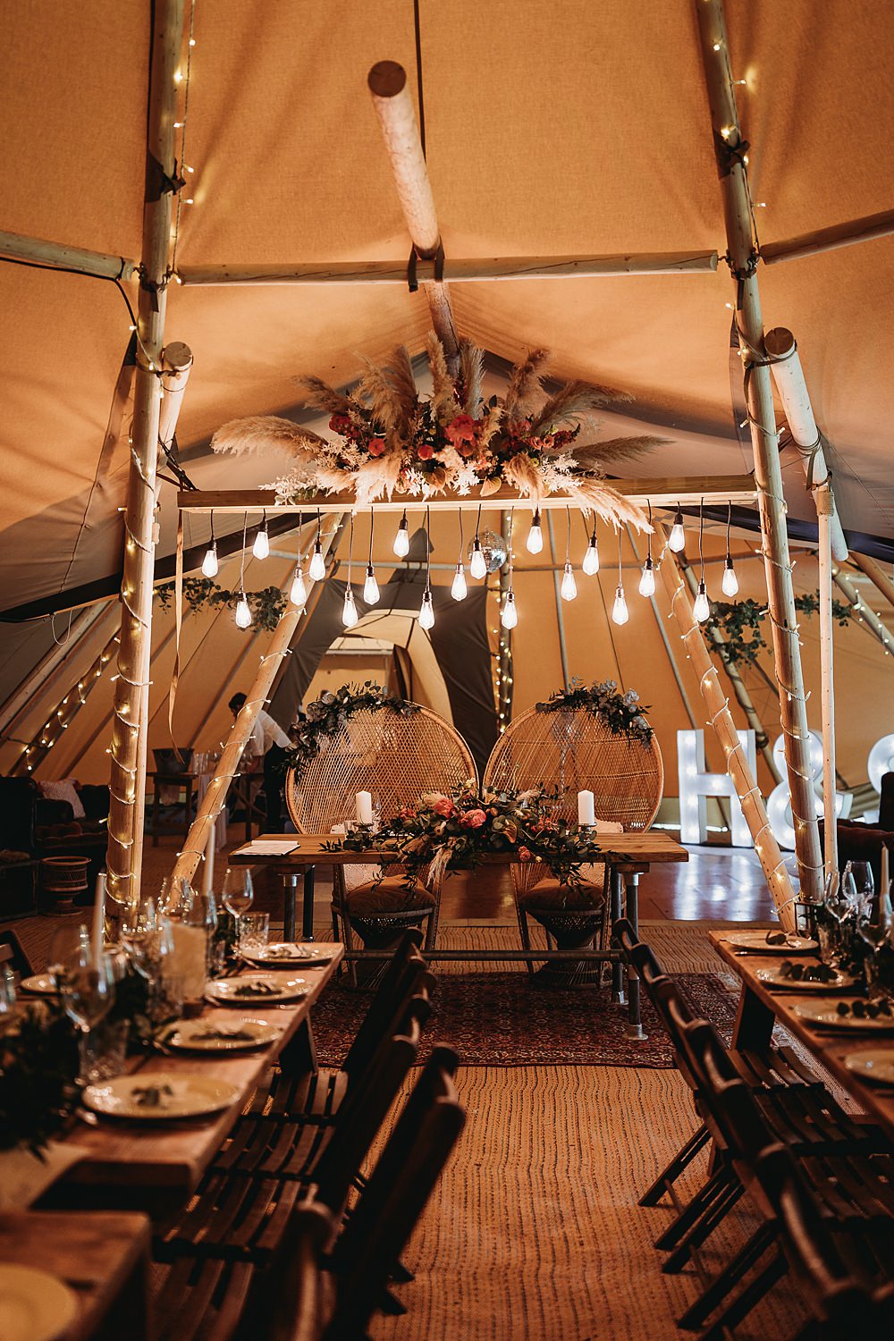 Tipi Reception Pampas Grass Cloud Festoon Lights Funfair Festival Wedding Thyme Lane Photography