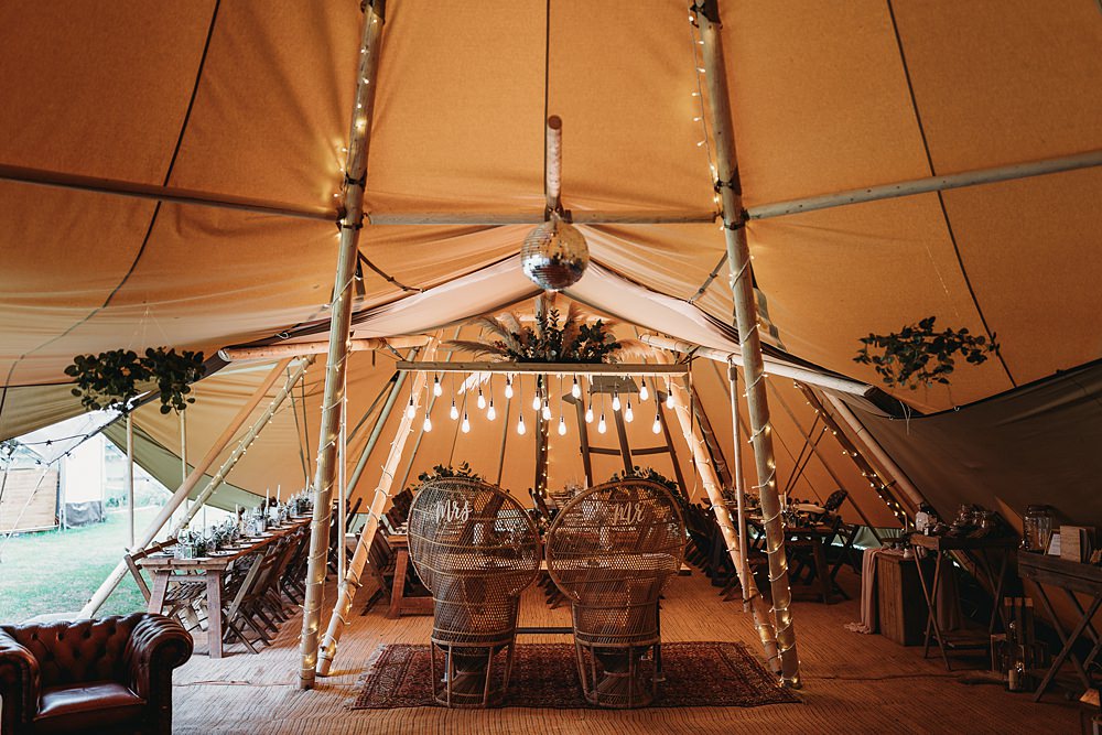 Tipi Reception Pampas Grass Cloud Festoon Lights Peacock Chairs Funfair Festival Wedding Thyme Lane Photography