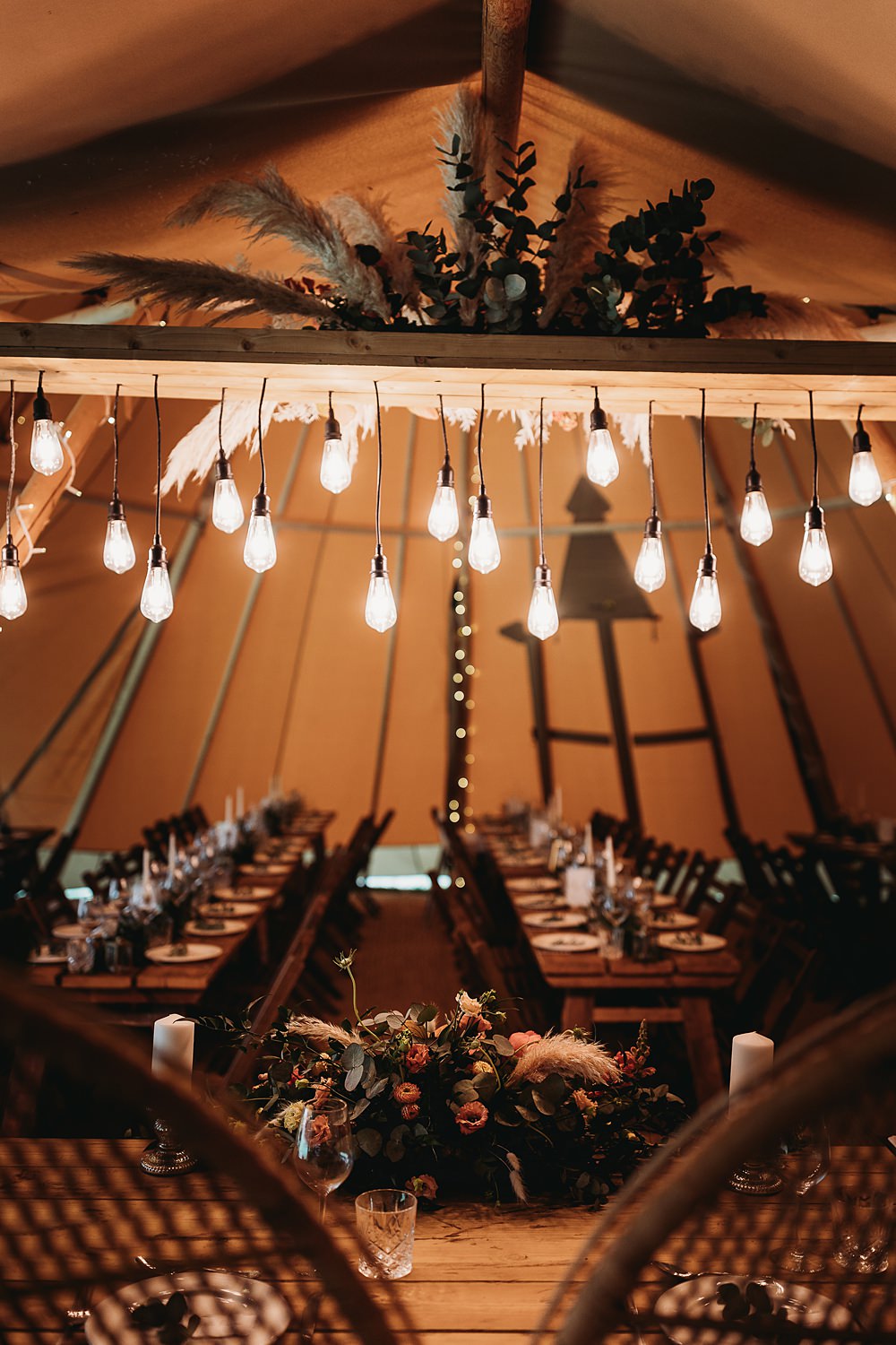 Tipi Reception Pampas Grass Cloud Festoon Lights Funfair Festival Wedding Thyme Lane Photography