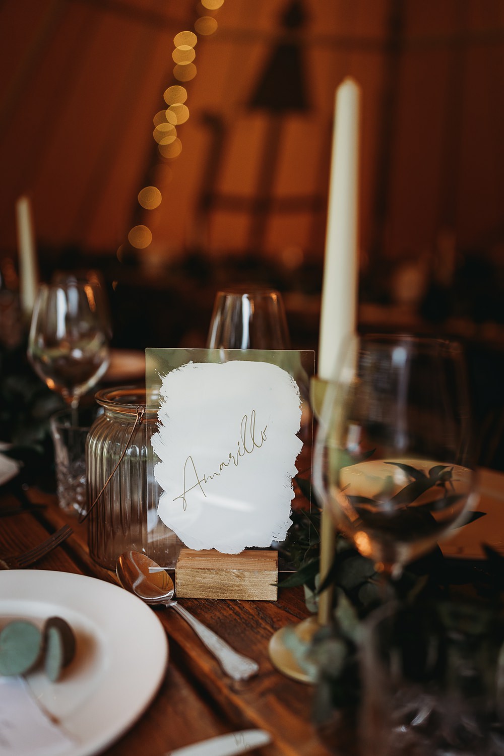 Table Decor Greenery Runner Acrylic Painted Table Name Candles Funfair Festival Wedding Thyme Lane Photography