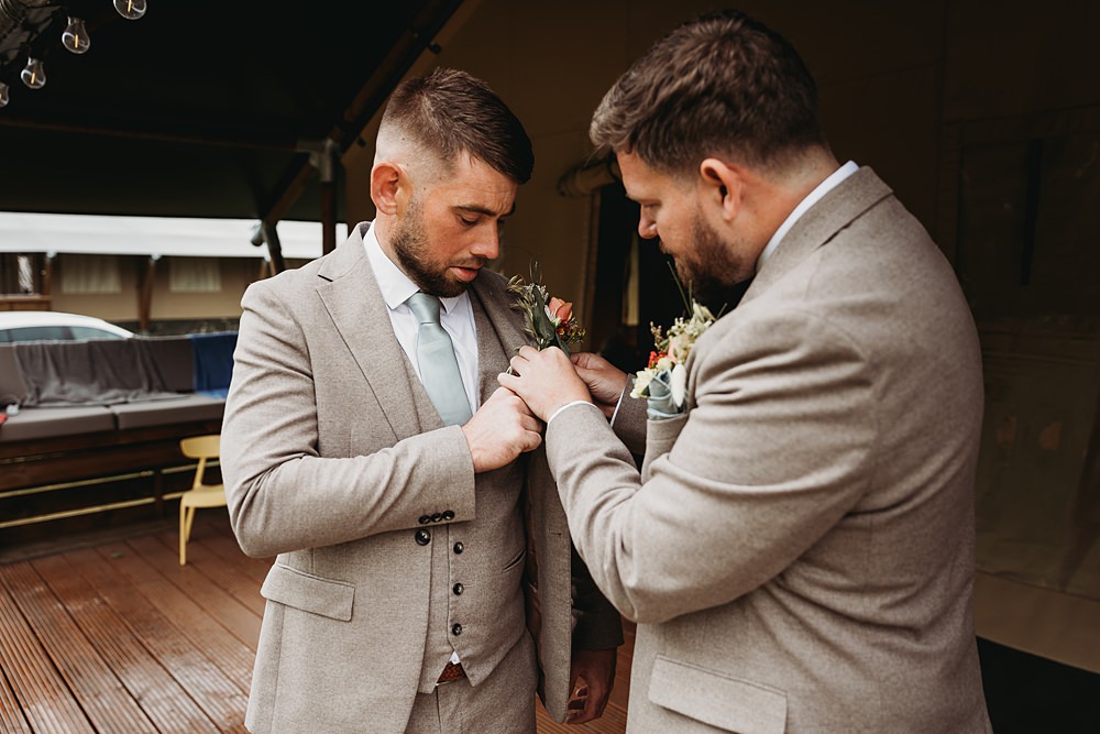 Groom Pale Grey Suit Sage Green Tie Funfair Festival Wedding Thyme Lane Photography