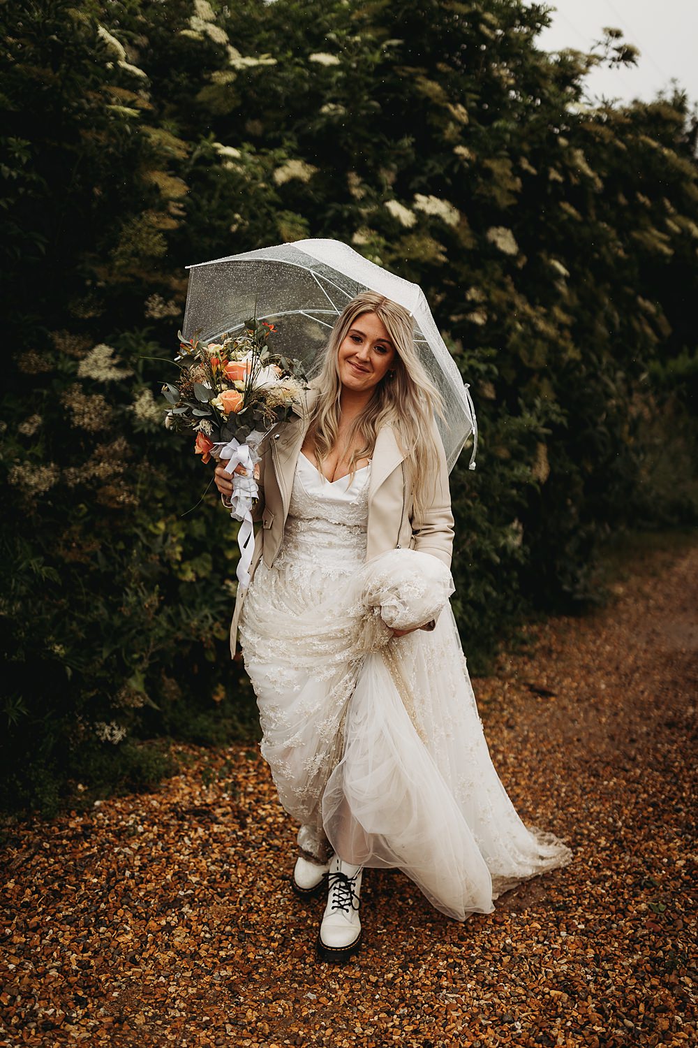 Dress Gown Bride Bridal Lace Leather Jacket Funfair Festival Wedding Thyme Lane Photography