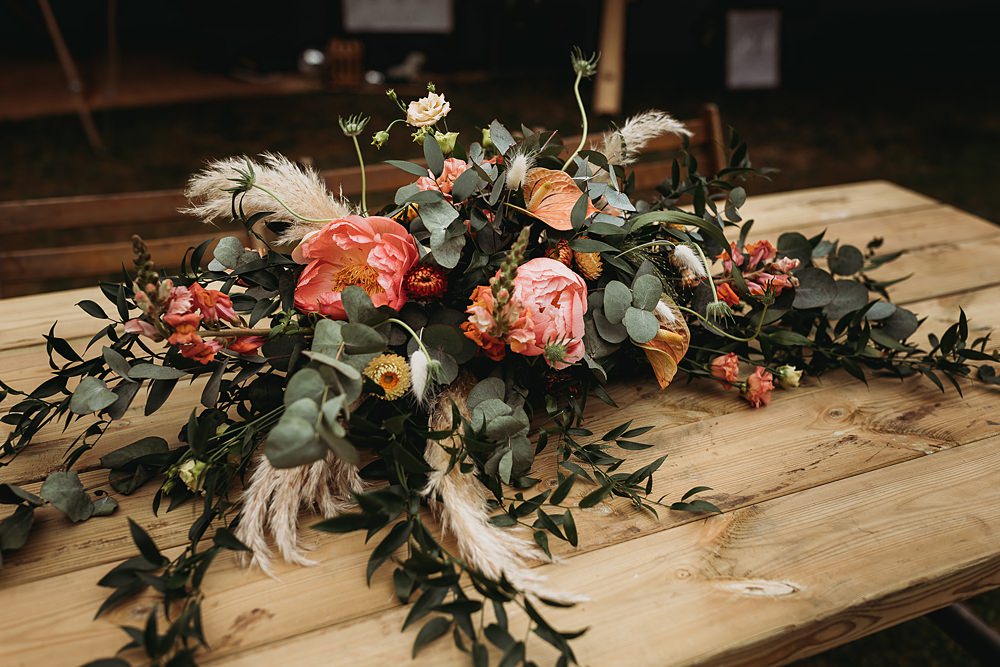 Top Table Flowers Coral Rose Peony Greenery Pampas Grass Funfair Festival Wedding Thyme Lane Photography