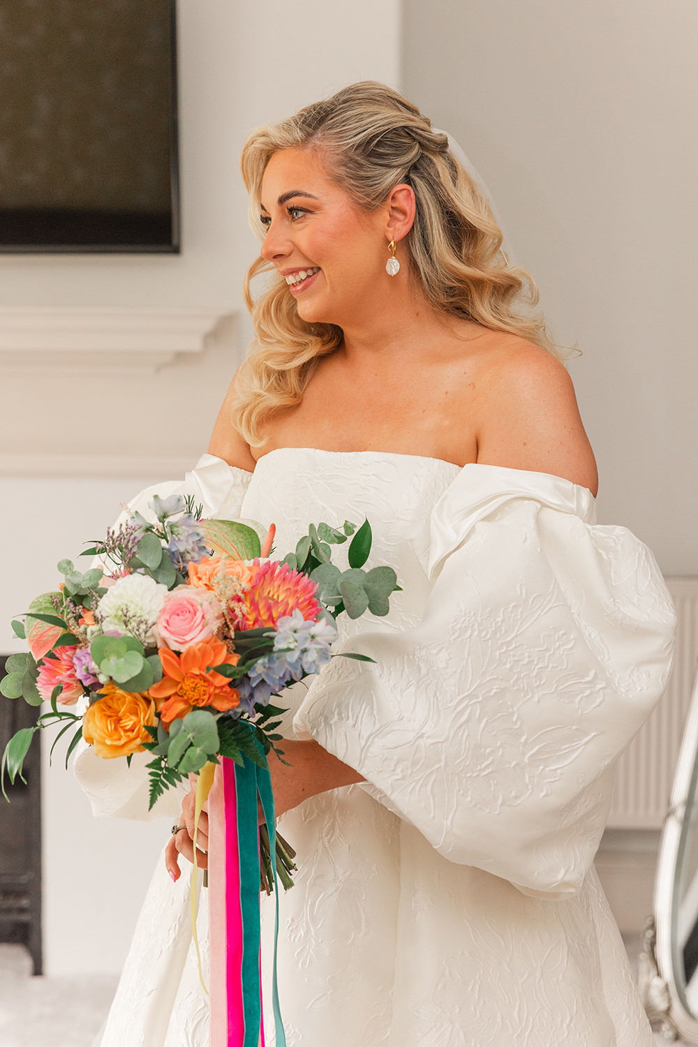 Dress Gown Bride Bridal Strapless Sleeves Sassi Holford Bouquet Holbrook Manor Wedding James & Kerrie Photography