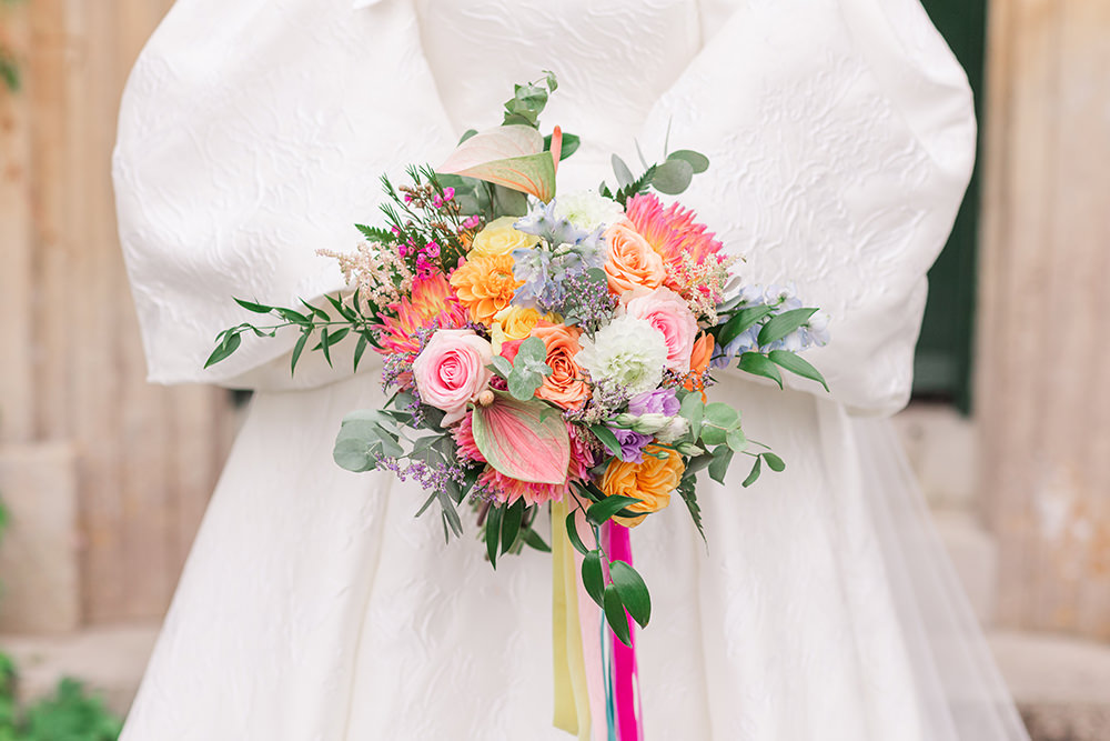 Bouquet Flowers Bride Bridal Colourful Ribbon Holbrook Manor Wedding James & Kerrie Photography