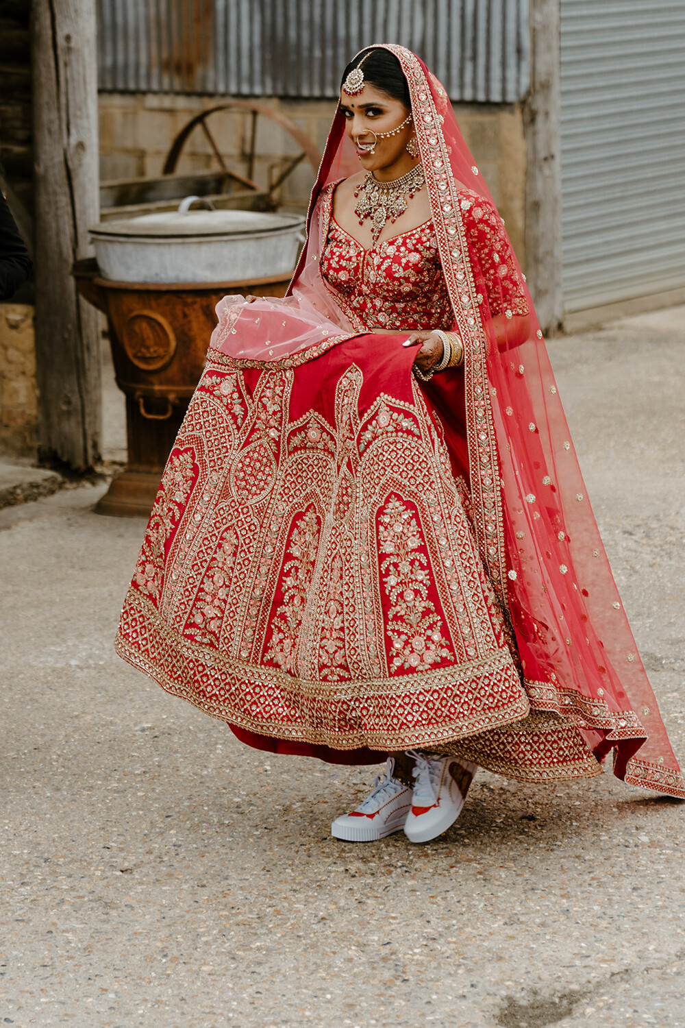 Dress Gown Bride Bridal Red Trainers Indian Lithuanian Wedding Ellie Gillard Photography