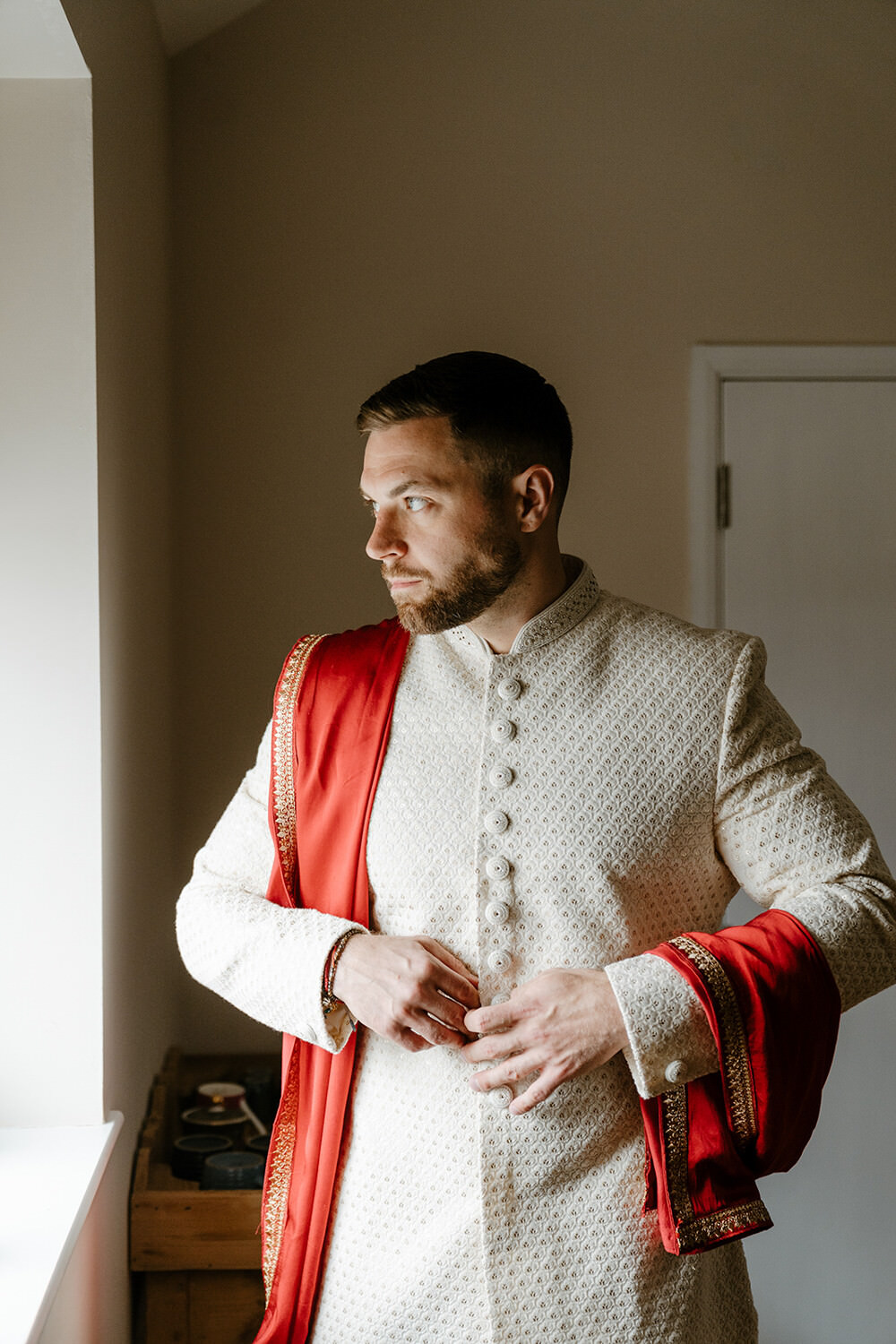 Groom Cream Outfit Jacket Indian Lithuanian Wedding Ellie Gillard Photography
