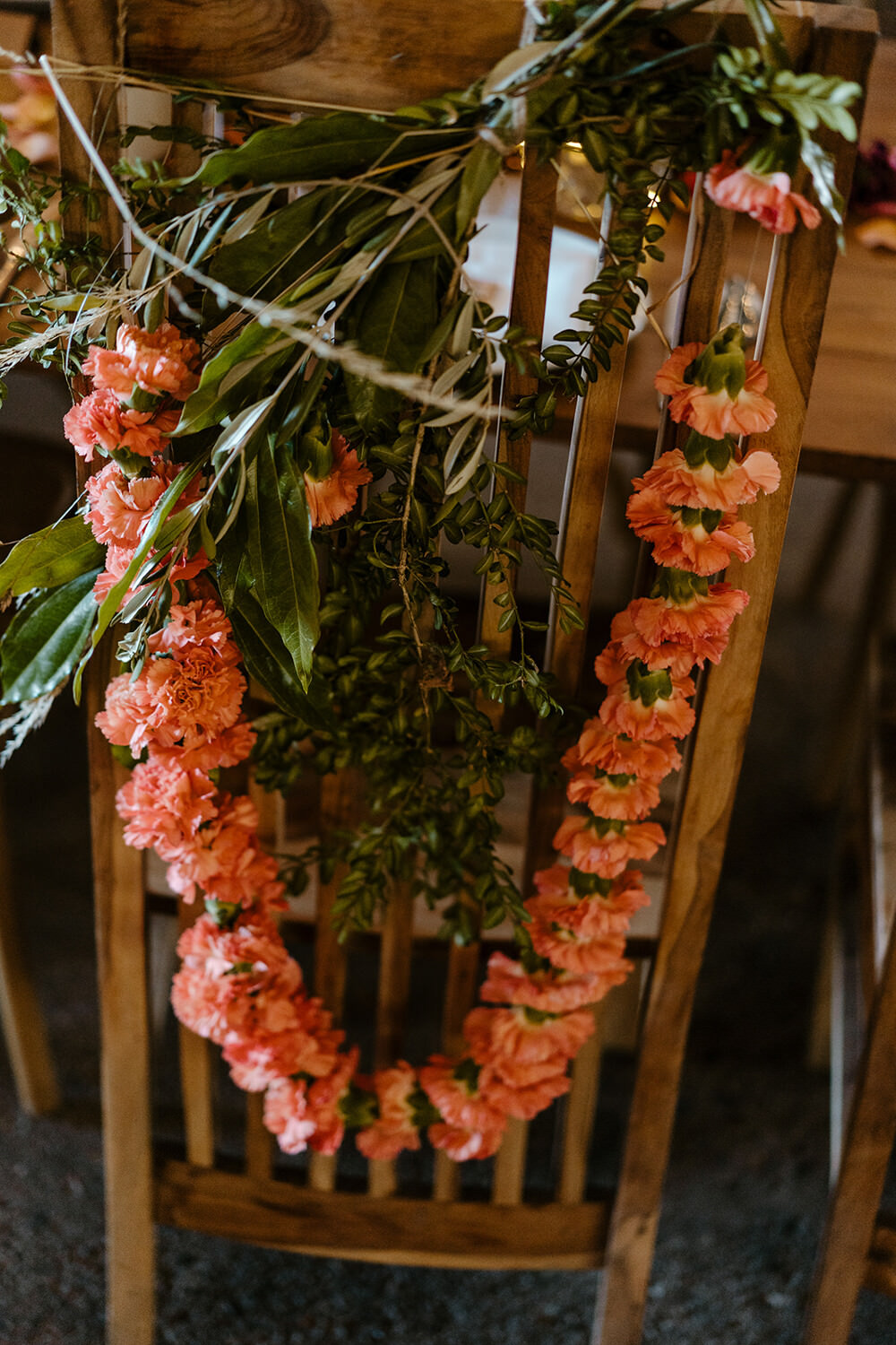 Chair Flowers Garland Indian Lithuanian Wedding Ellie Gillard Photography