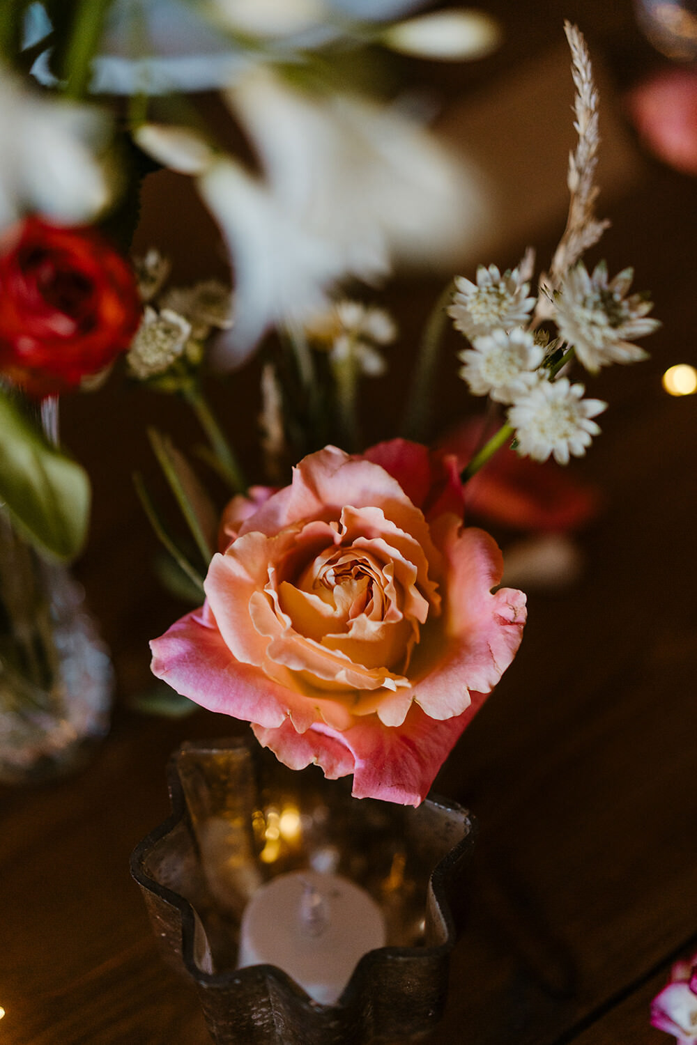 Coral Rose Table Flowers Indian Lithuanian Wedding Ellie Gillard Photography