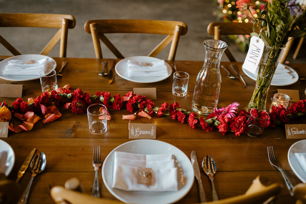 Table Garland Flowers Place Setting Indian Lithuanian Wedding Ellie Gillard Photography
