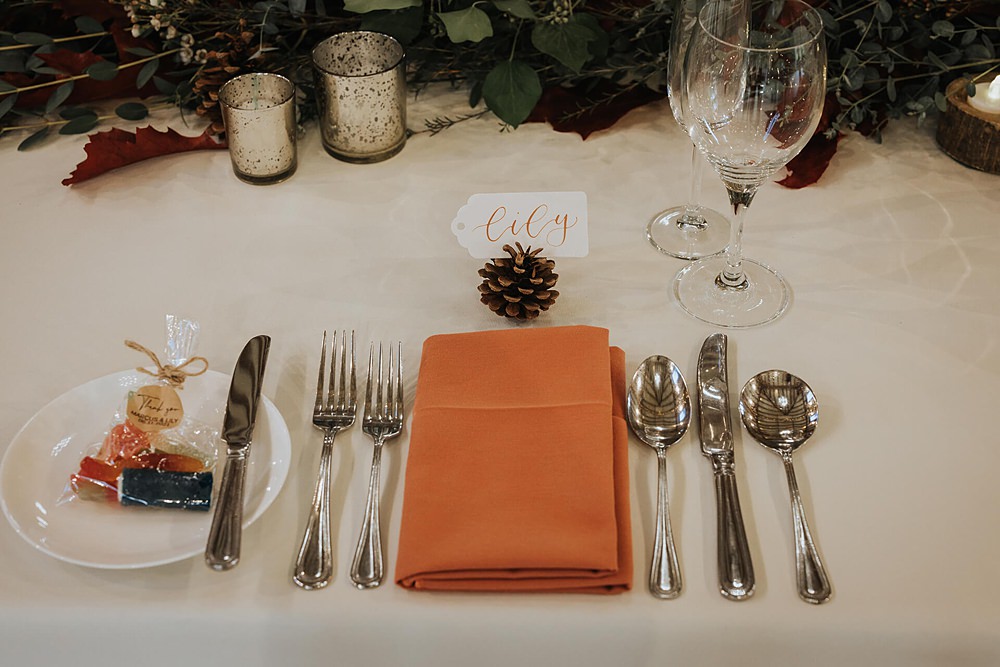 Orange Napkin Place Name Pine Cone Old Kent Barn Wedding Olegs & Rita Photography