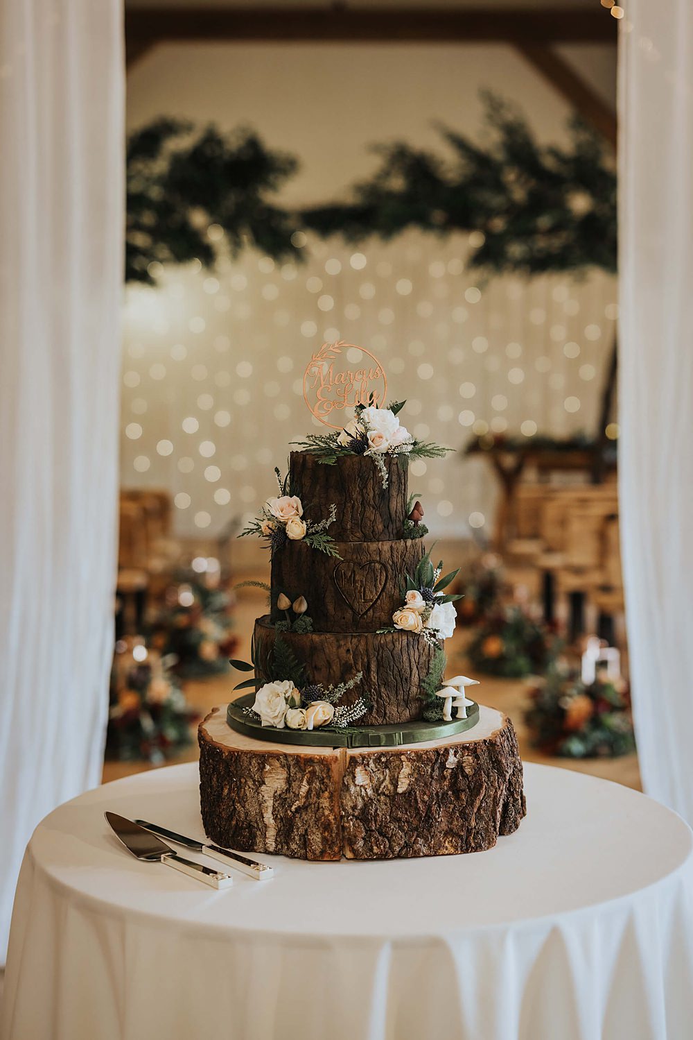 Tree Log Stump Cake Chocolate Flowers Old Kent Barn Wedding Olegs & Rita Photography