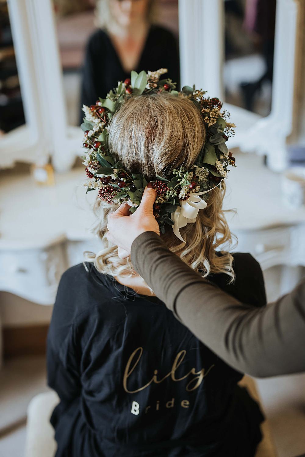 Flower Crown Hair Style Waves Bride Old Kent Barn Wedding Olegs & Rita Photography