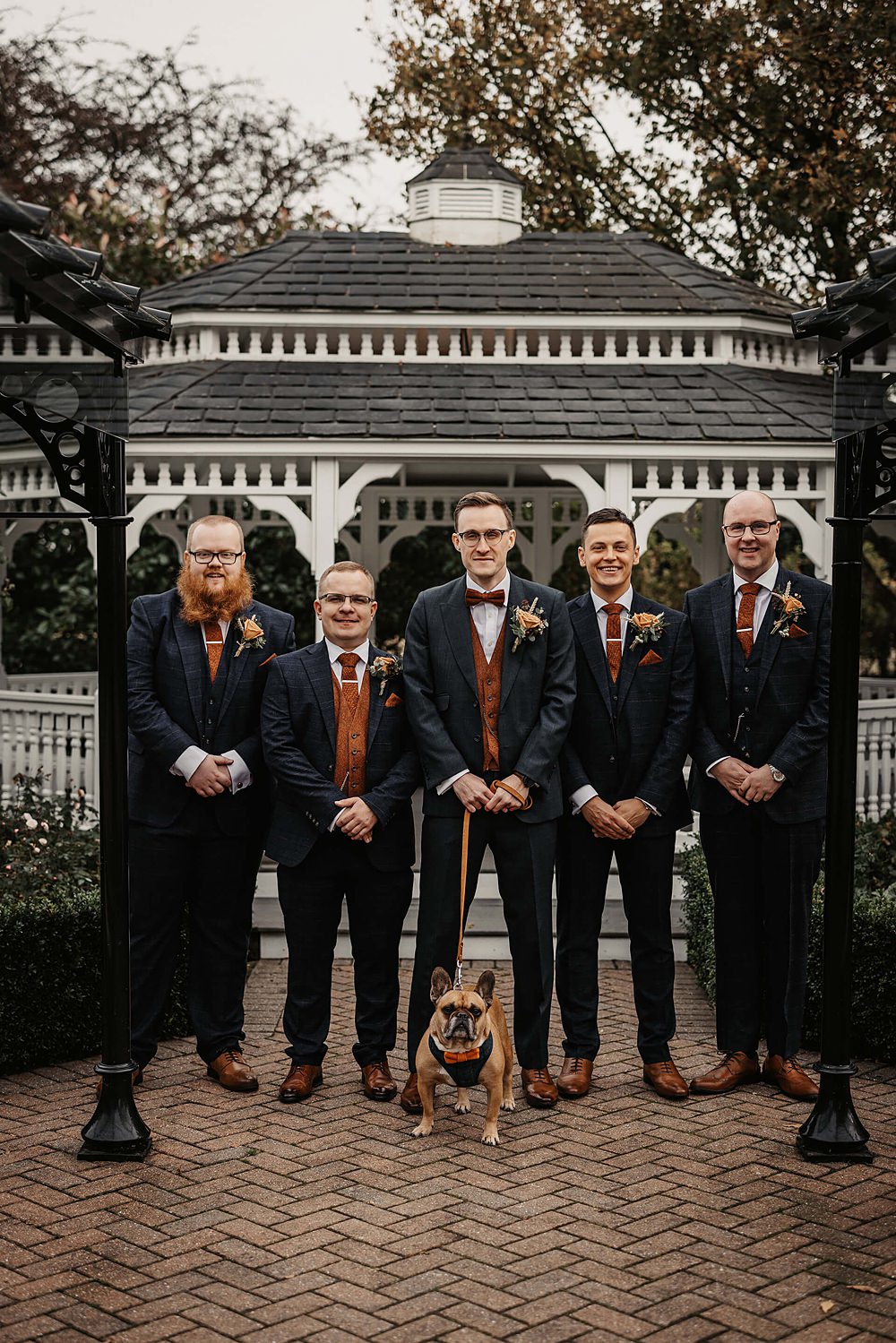 Groom Navy Suit Orange Waistcoat Bow Tie Groomsmen Old Kent Barn Wedding Olegs & Rita Photography