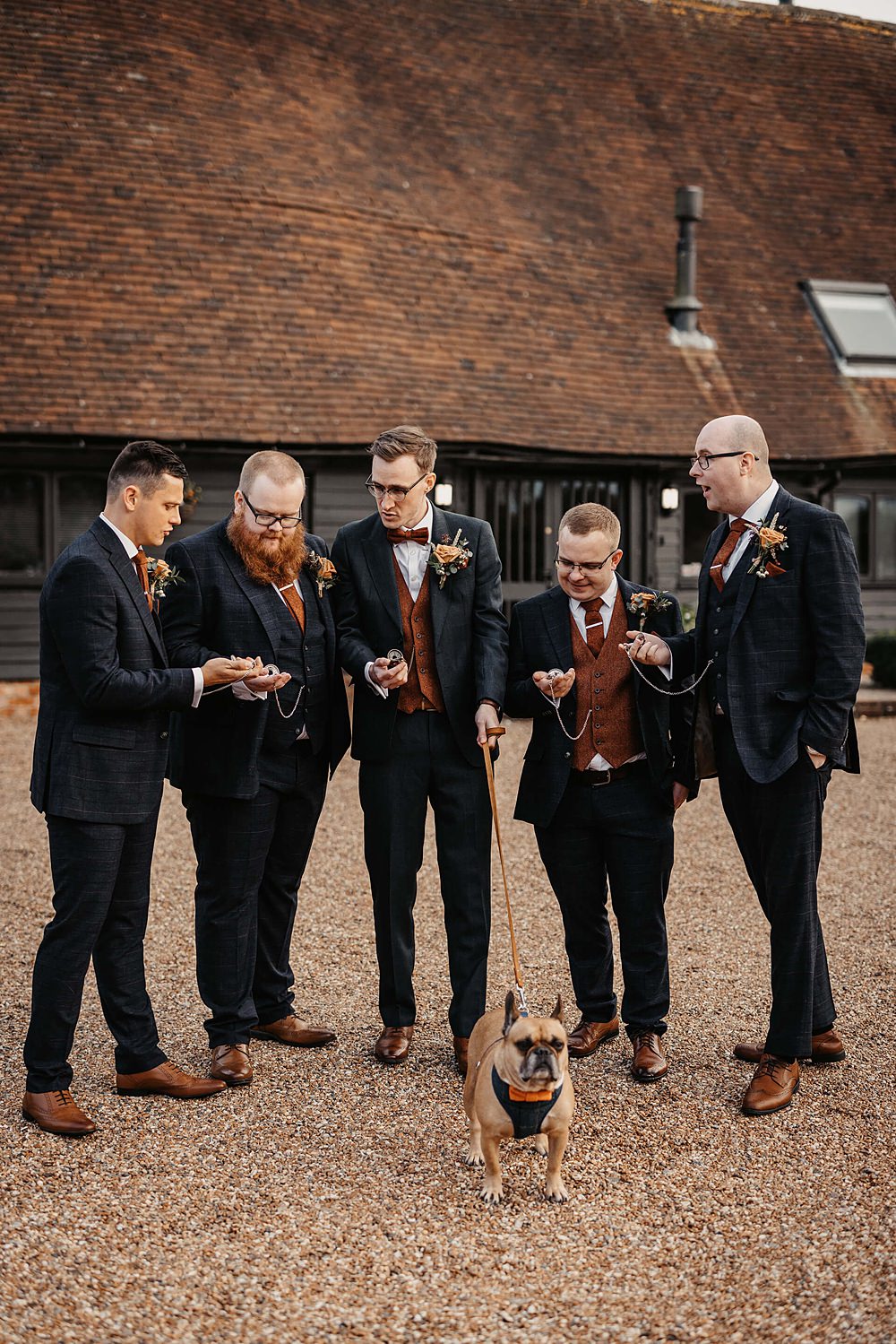 Groom Navy Suit Orange Waistcoat Bow Tie Groomsmen Old Kent Barn Wedding Olegs & Rita Photography