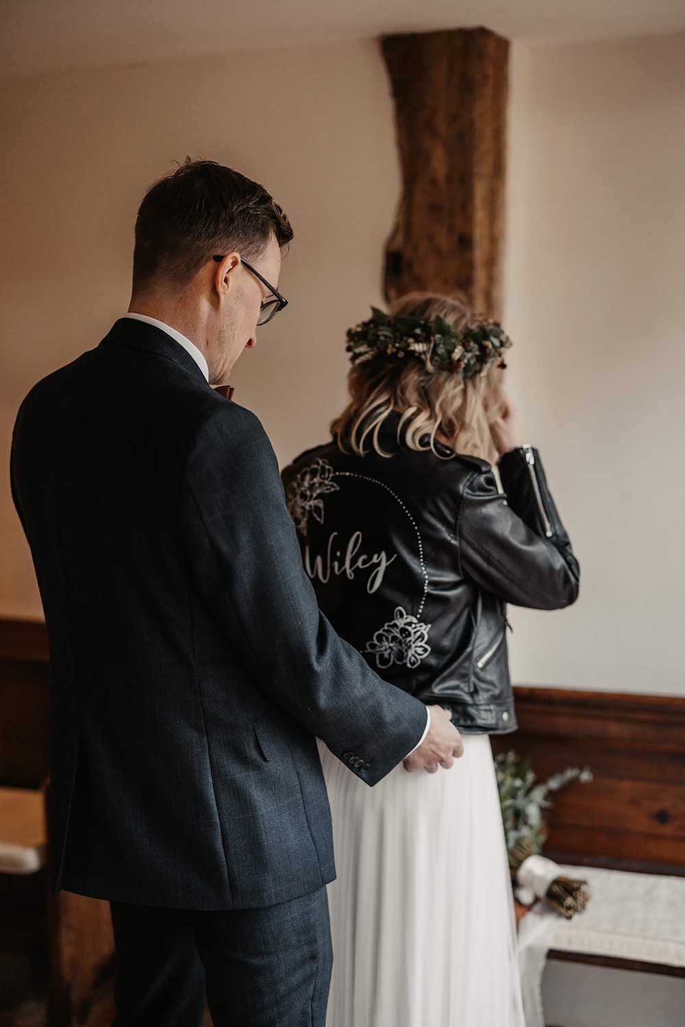Leather Jacket Bride Custom Painted Old Kent Barn Wedding Olegs & Rita Photography