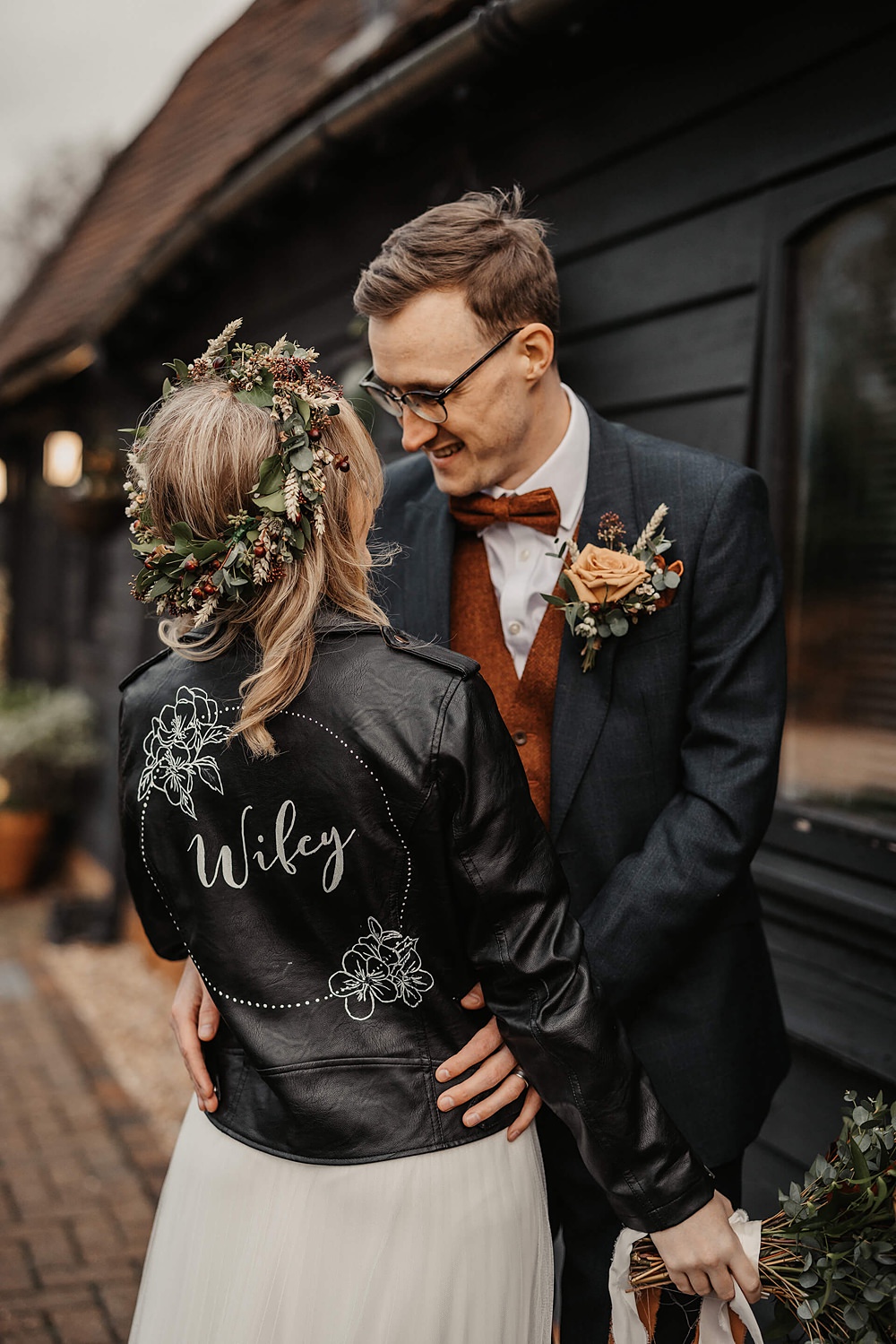 Leather Jacket Bride Custom Painted Old Kent Barn Wedding Olegs & Rita Photography