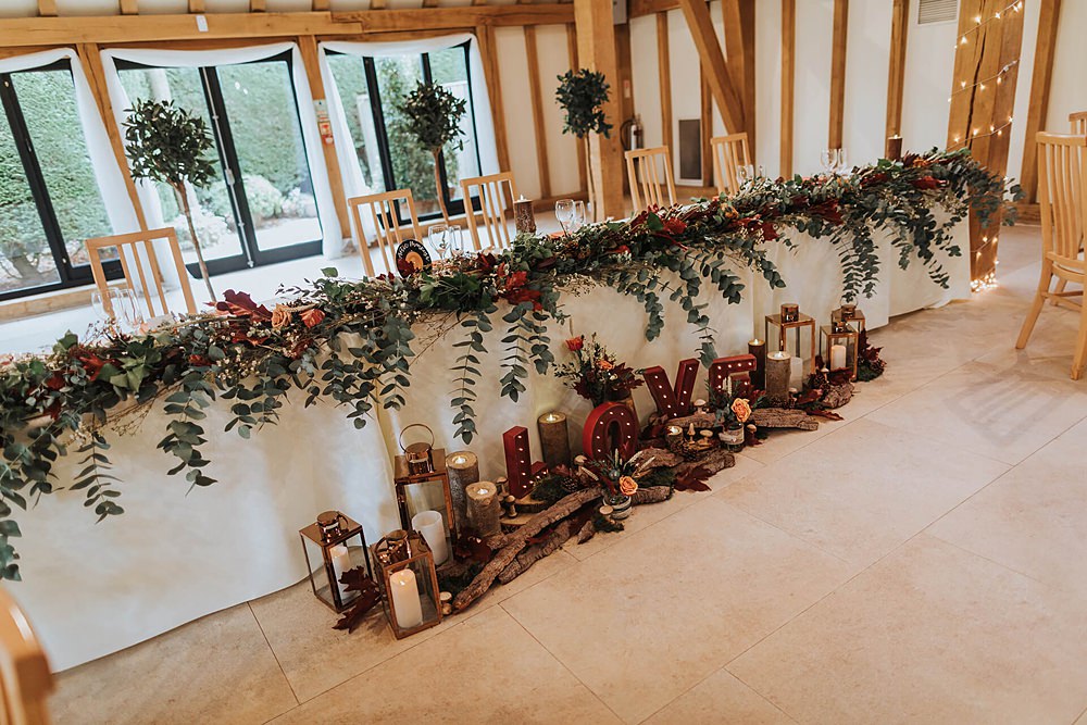 Top Table Flowers Greenery Decor Candles Red Old Kent Barn Wedding Olegs & Rita Photography
