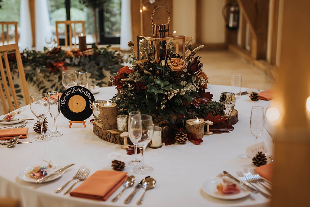 Flowers Log Stump Table Centrepiece Decor Old Kent Barn Wedding Olegs & Rita Photography