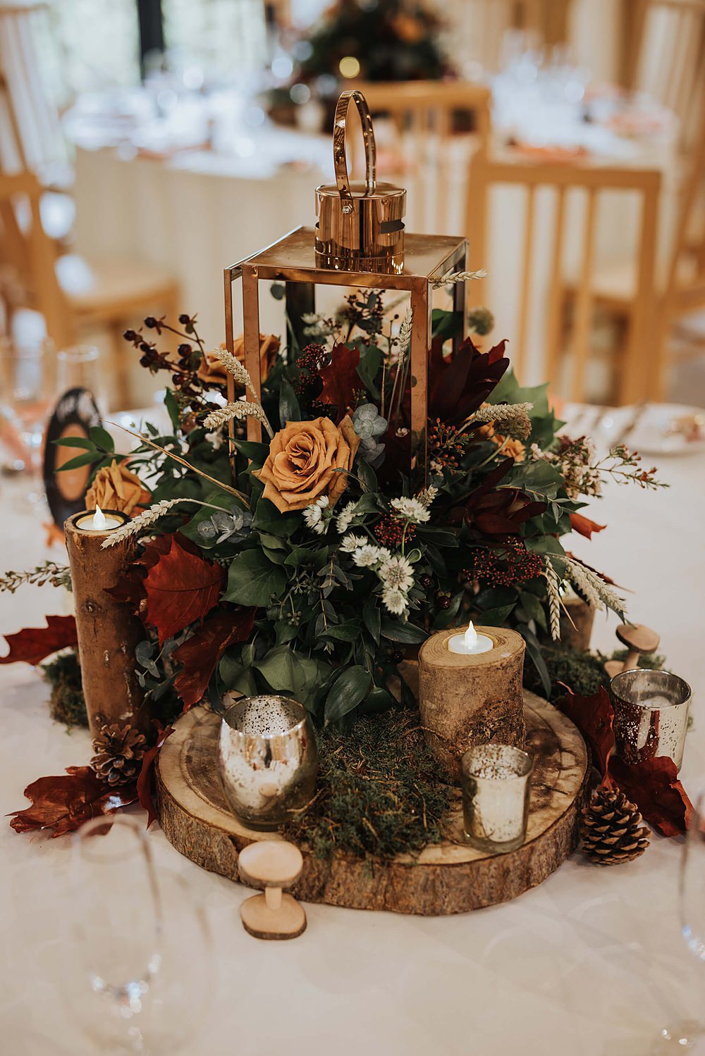 Flowers Log Stump Table Centrepiece Decor Candles Old Kent Barn Wedding Olegs & Rita Photography